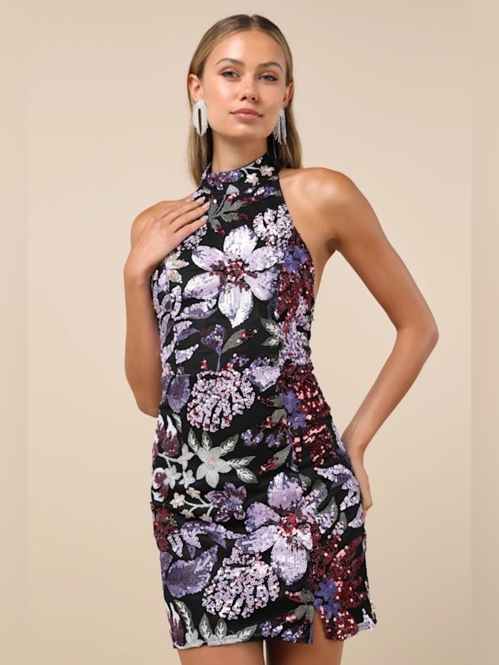 NWT Lulus Gorgeous Shine Black Multi Floral Sequin Backless Mini Dress